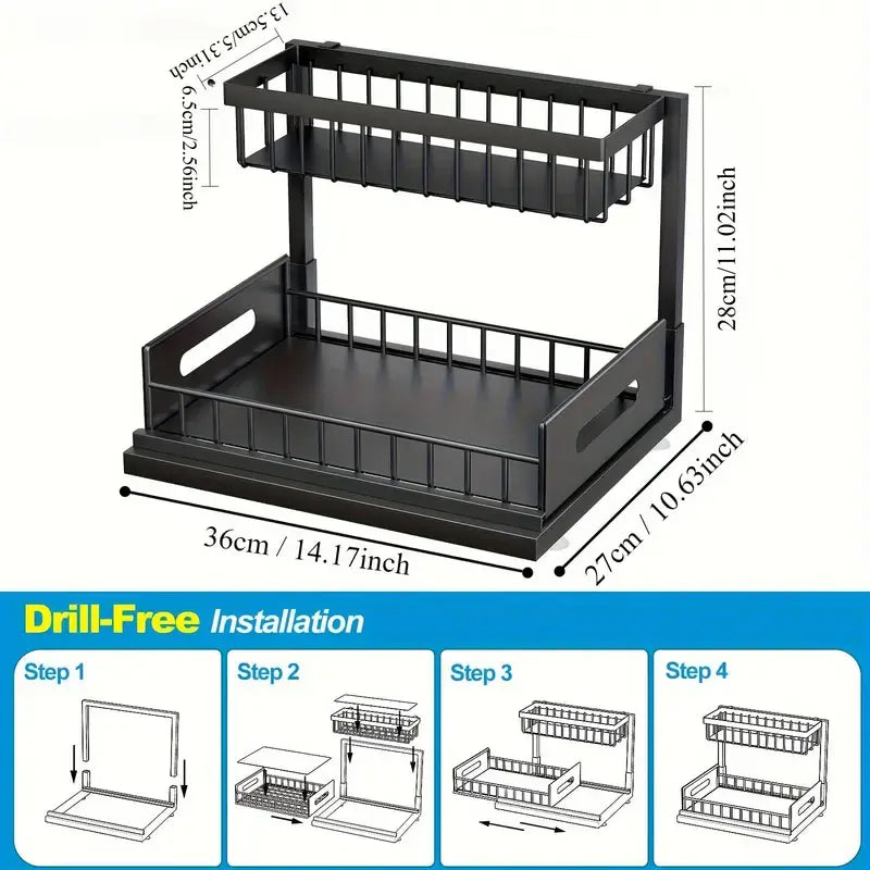 Organizador extraíble de 2 niveles de acero inoxidable debajo del fregadero 2x1