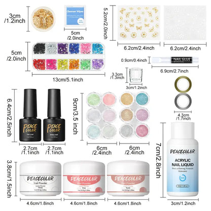 Set de polvo acrílico Peacecolor con polvo de purpurina para uñas con lámpara de uñas