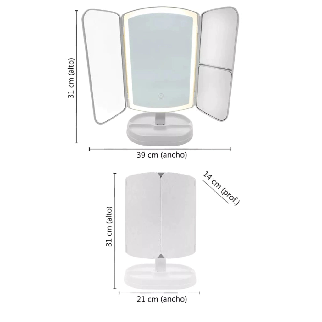 espejo led tactil grande triple portatil