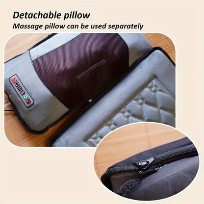 Un tapete de masaje completo con calor y vibración. Incluye cojín de masaje desmontable para cintura y espalda