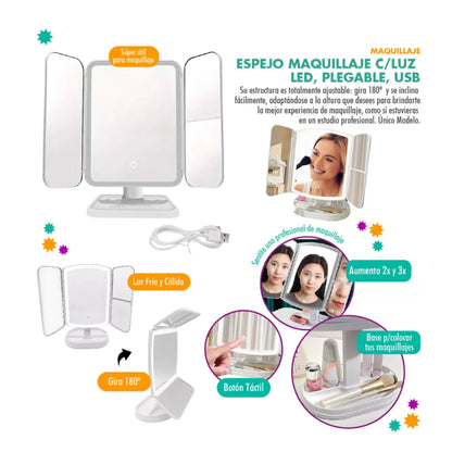 espejo led tactil grande triple portatil