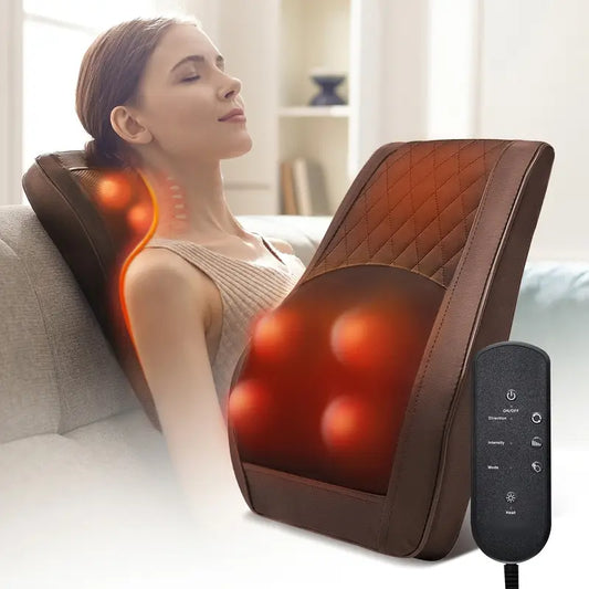Un dispositivo con función de calefacción para masaje de cuello y hombros - con funciones de presión, rodado y vibración
