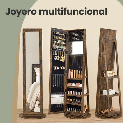 Organizador de joyas independiente, armario para joyas con espejo de cuerpo entero, giratorio 360°