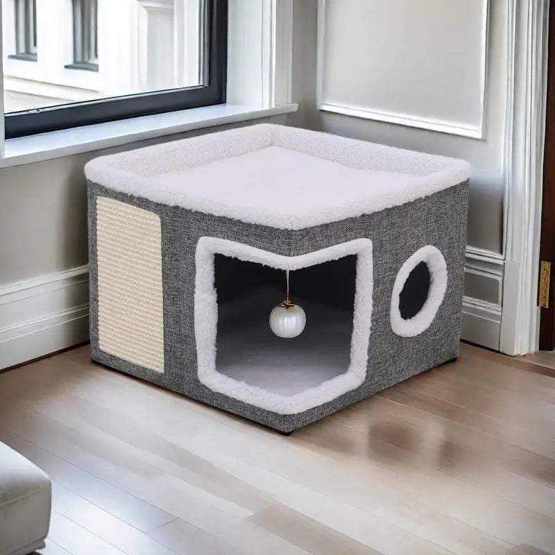 Casa para Gatos de Múltiples Niveles con Camas de 2 Niveles, Túnel de Juguetes, Sofá Plegable, Rascador y Bola Colgante de Peluche
