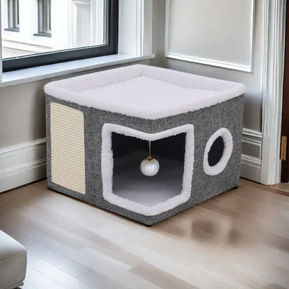 Casa para Gatos de Múltiples Niveles con Camas de 2 Niveles, Túnel de Juguetes, Sofá Plegable, Rascador y Bola Colgante de Peluche