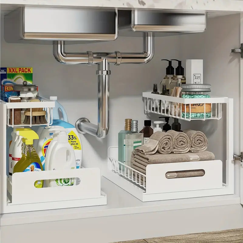 Organizador extraíble de 2 niveles de acero inoxidable debajo del fregadero 2x1