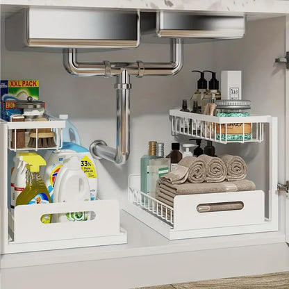 Organizador extraíble de 2 niveles de acero inoxidable debajo del fregadero 2x1