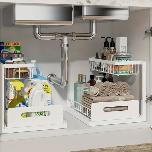 Organizador extraíble de 2 niveles de acero inoxidable debajo del fregadero 2x1