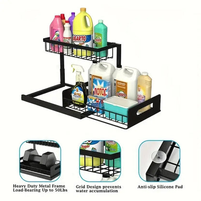 Organizador extraíble de 2 niveles de acero inoxidable debajo del fregadero 2x1