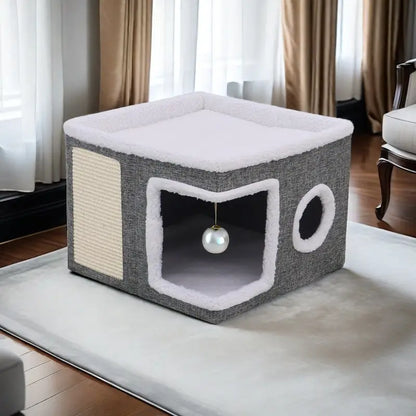 Casa para Gatos de Múltiples Niveles con Camas de 2 Niveles, Túnel de Juguetes, Sofá Plegable, Rascador y Bola Colgante de Peluche