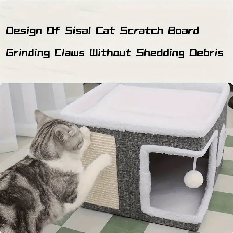Casa para Gatos de Múltiples Niveles con Camas de 2 Niveles, Túnel de Juguetes, Sofá Plegable, Rascador y Bola Colgante de Peluche