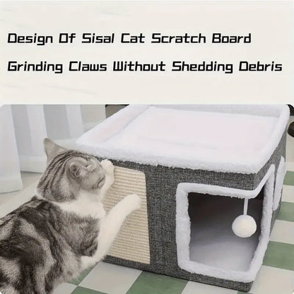 Casa para Gatos de Múltiples Niveles con Camas de 2 Niveles, Túnel de Juguetes, Sofá Plegable, Rascador y Bola Colgante de Peluche