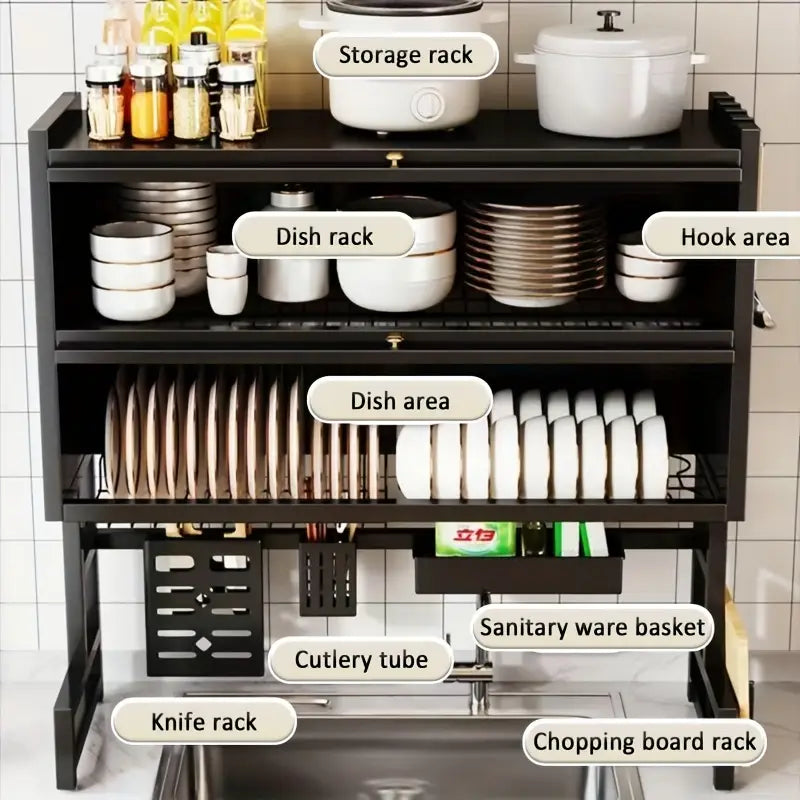 Organizador de fregadero de cocina de gran capacidad para ahorrar espacio para platos, tazas y utensilios