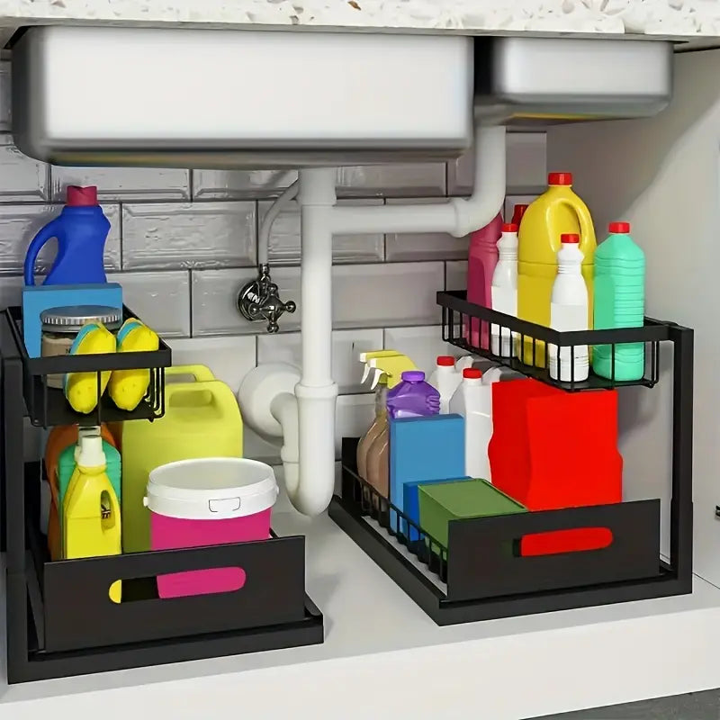 Organizador extraíble de 2 niveles de acero inoxidable debajo del fregadero 2x1