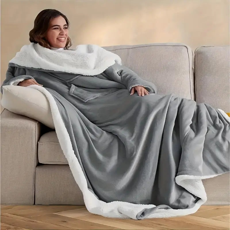 Manta de Franela Gris Acogedora con Puños y Bolsillos