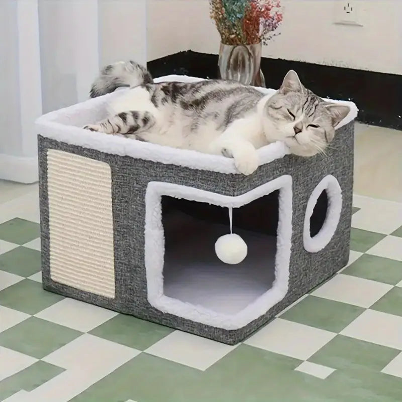 Casa para Gatos de Múltiples Niveles con Camas de 2 Niveles, Túnel de Juguetes, Sofá Plegable, Rascador y Bola Colgante de Peluche