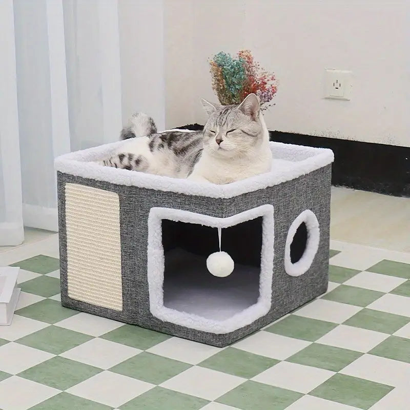 Casa para Gatos de Múltiples Niveles con Camas de 2 Niveles, Túnel de Juguetes, Sofá Plegable, Rascador y Bola Colgante de Peluche