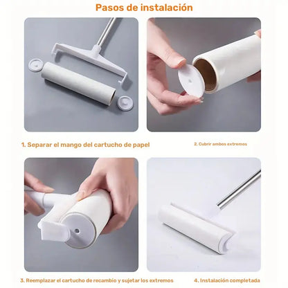 Conjunto de 4 piezas (3 Rollos de Papel + 1 Quitapelos de Mango Largo, Cepillo Retráctil para Ropa