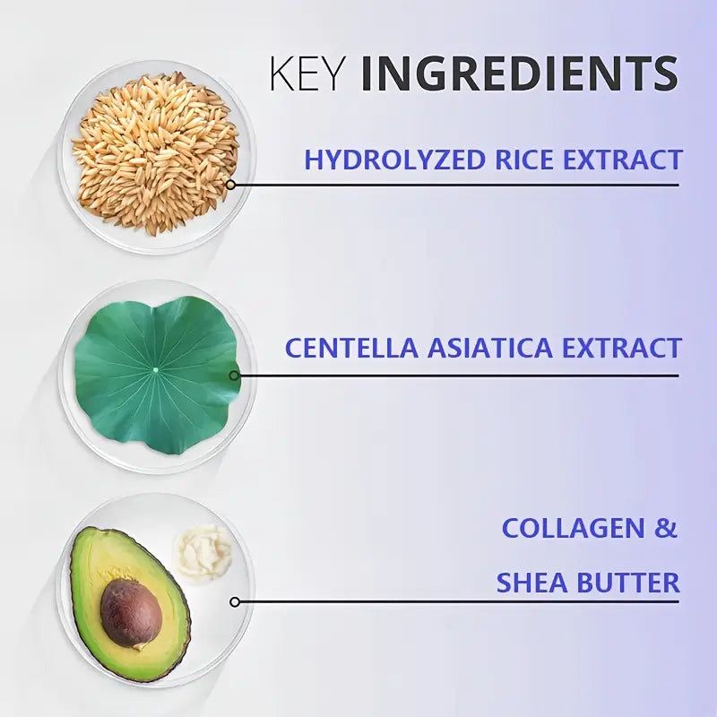 Contiene colágeno hidrolizado, extracto de arroz y extracto de centella asiática para nutrir y firmar la piel.